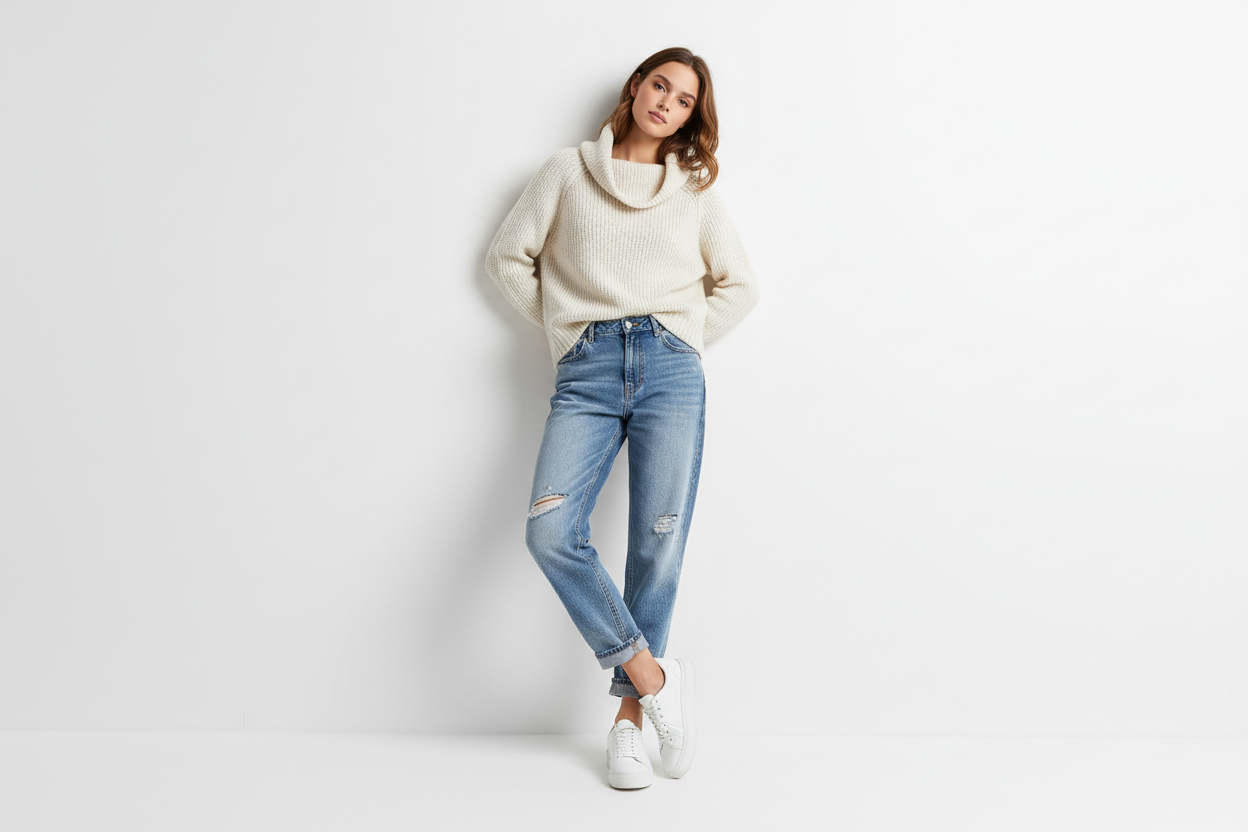 immagine di una modella abbigliamento casual con sfondo bianco, prendi un immagine dalla mia galleria